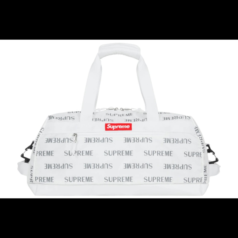 White supreme duffel with handles and strap